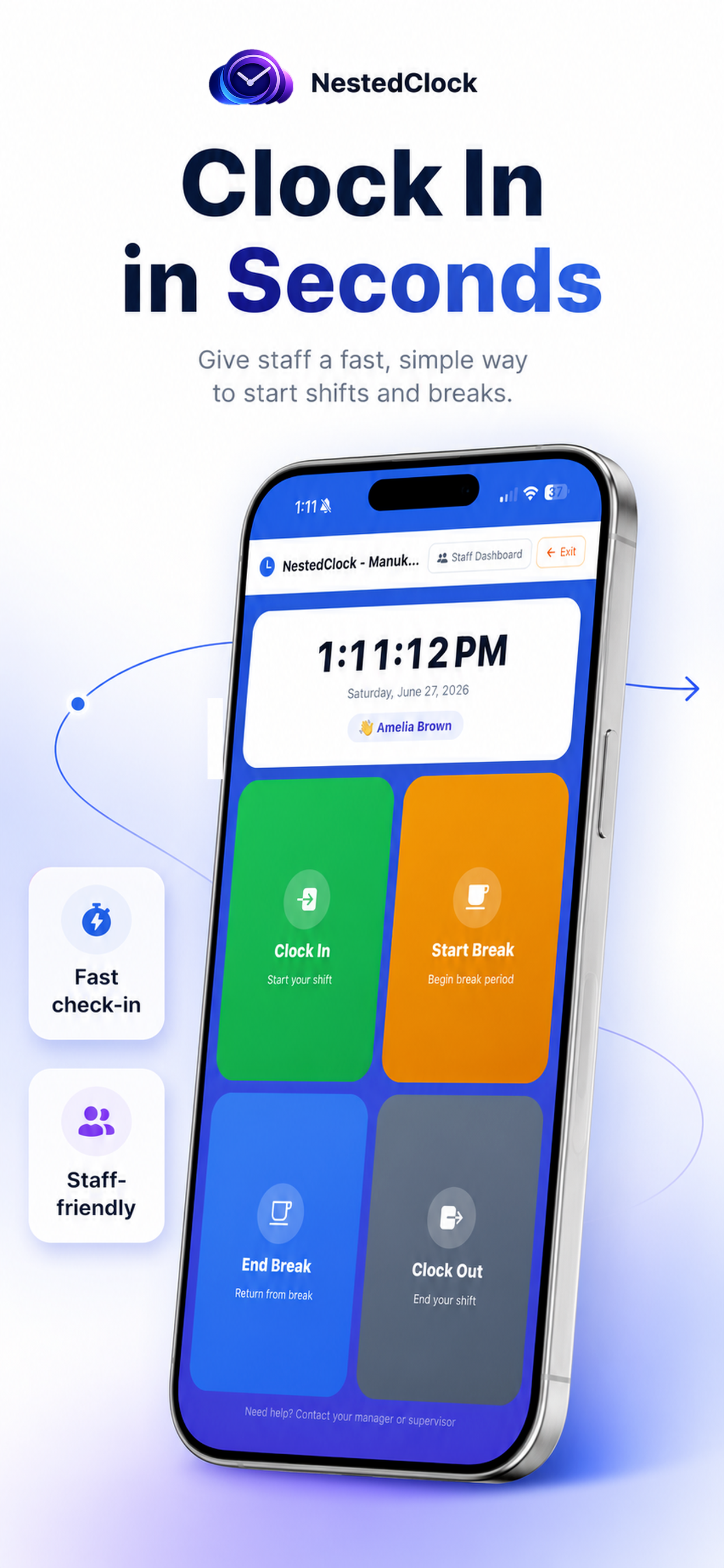 NestedClock mobile app clock-in screen