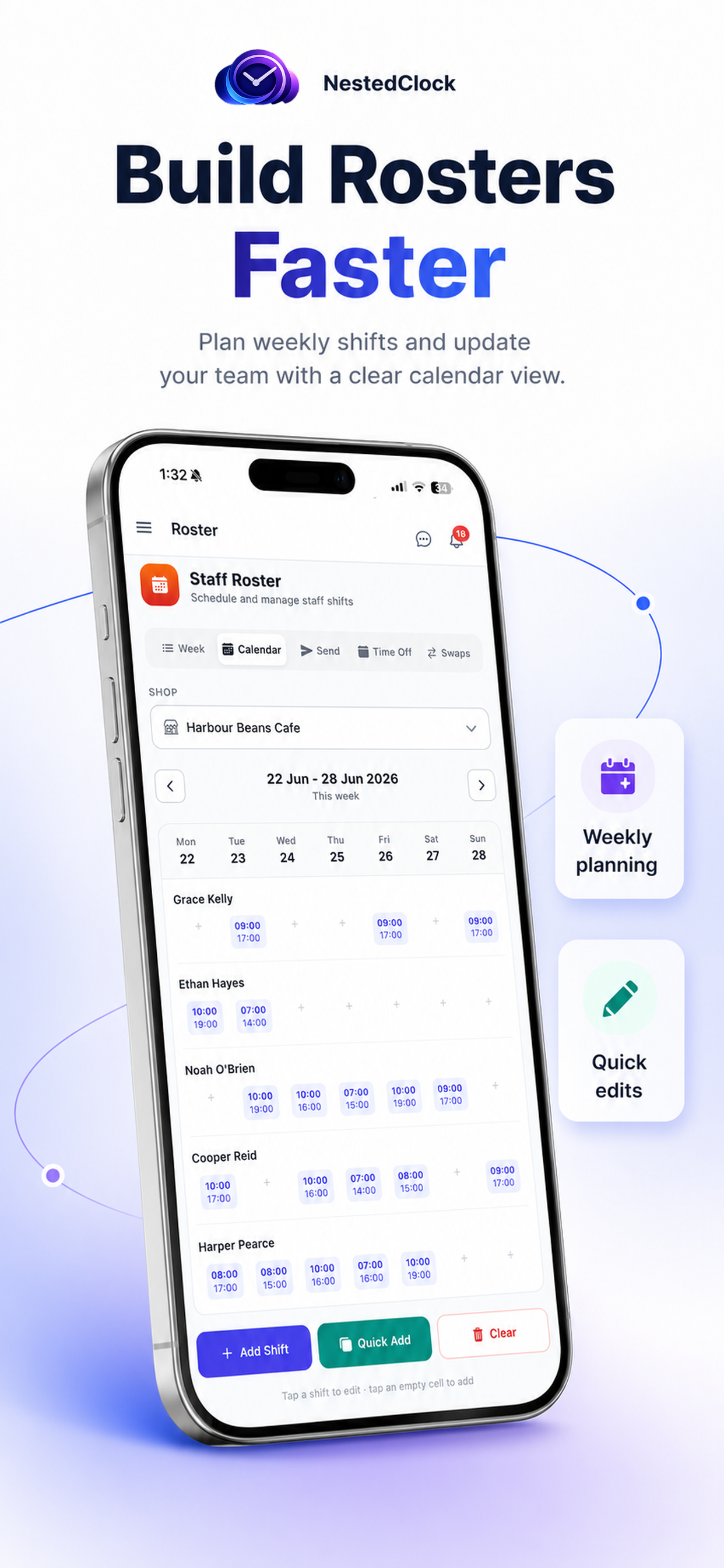 Weekly staff roster with shifts per person in the NestedClock app